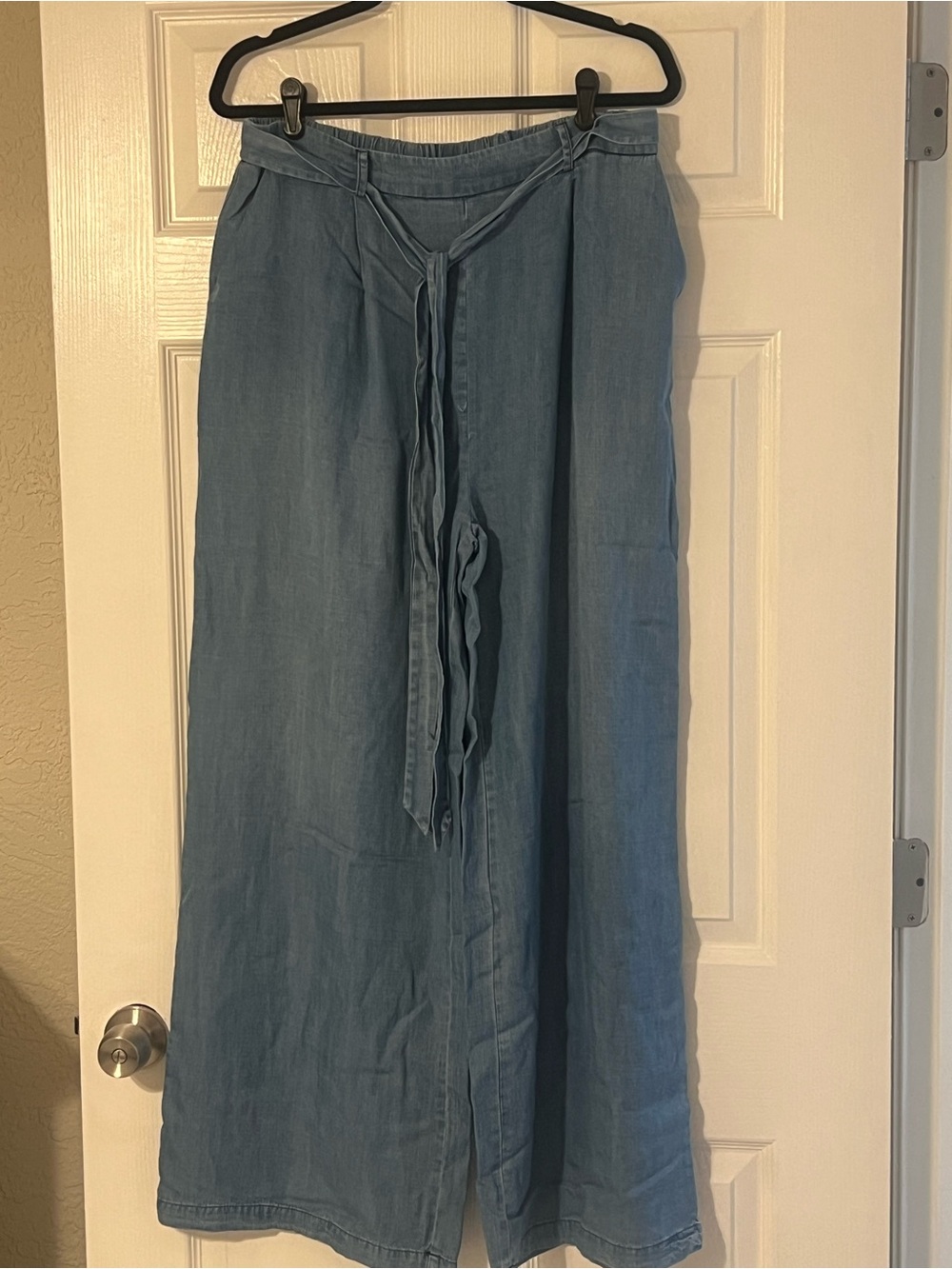 Francesca's Collections Denim Maxi Skirt in Light Blue with Waist Tie